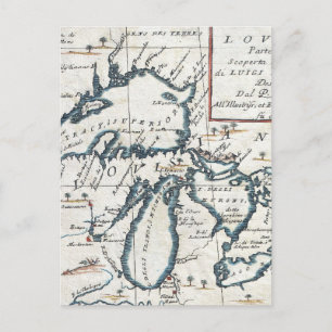 Carte Postale Vintage Map of the Great Lakes (1696)