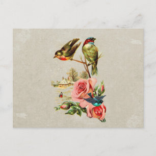 Carte Postale Vintage mignon Oiseaux et peinture paysagère Rose