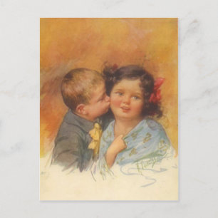 Carte Postale Vintage mou garçon Voler un baiser sur la joue