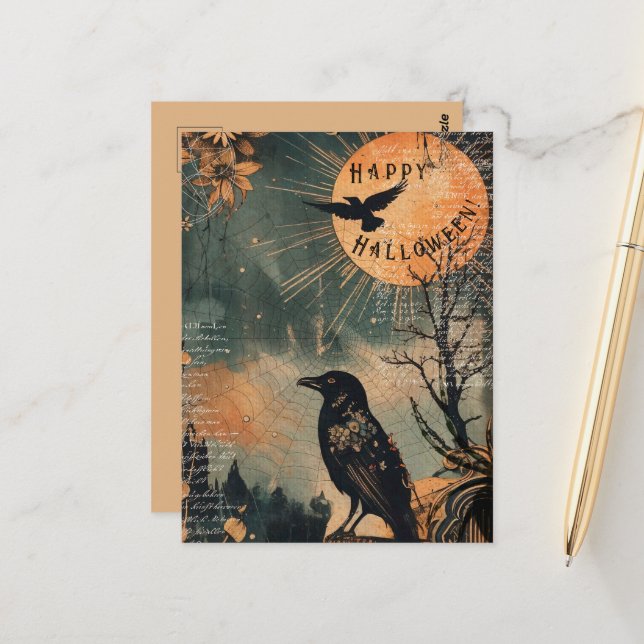 Carte Postale Vintage Mystic Raven Lune Joyeux Halloween (Devant/Arrière en situation)
