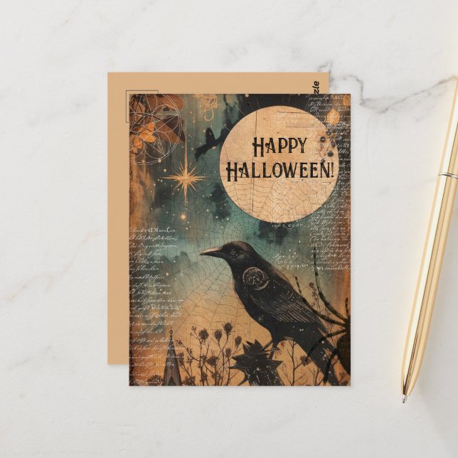 Carte Postale Vintage Mystic Raven Moon Halloween heureux (Devant/Arrière en situation)