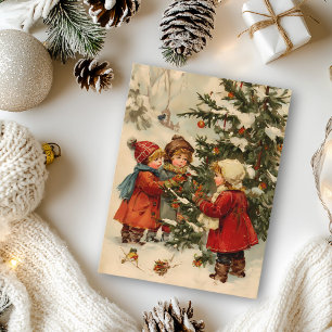 Carte Postale Vintage Noël Enfants autour de l'arbre