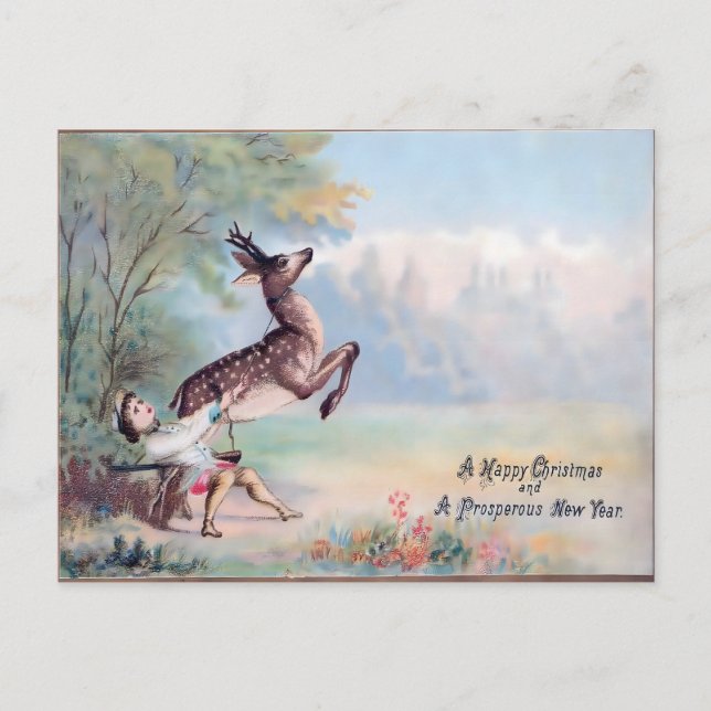 Carte Postale Vintage Noël : Le Faon Sautant & Garçon (Devant)