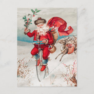 Carte Postale Vintage Noël Père Noël Bicyclette Reindeer
