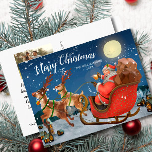 Carte Postale Vintage Noël Père Noël Sleigh Photo de famille per