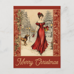Carte Postale Vintage Noël Victorian Femme Chien