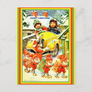 Carte Postale Vintage Norvégien Vintage Tomte, Vieille Voiture,