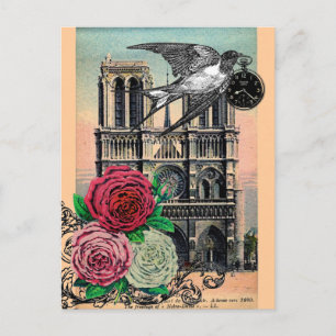 Carte Postale Vintage Notre Dame, Hirondelle, Roses, Collage