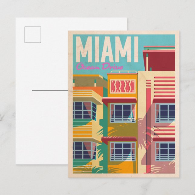 Carte Postale vintage Ocean Drive Miami (Devant / Derrière)