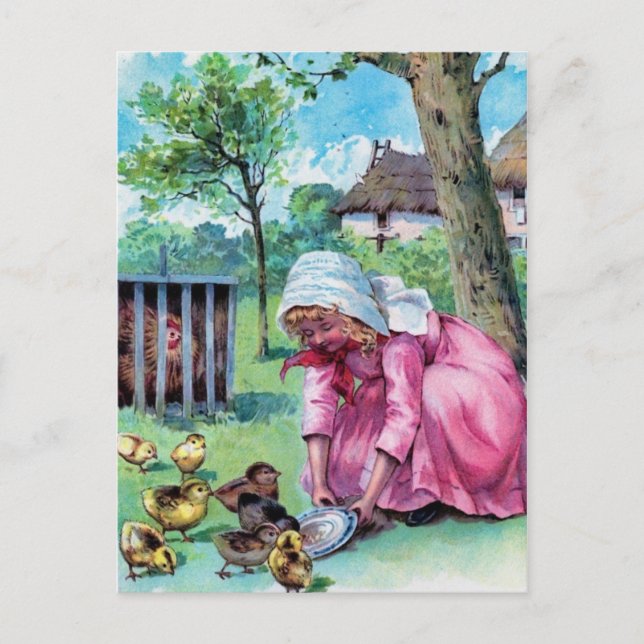 Carte Postale Vintage Petite Fille Avec Bébé Poussins (Devant)