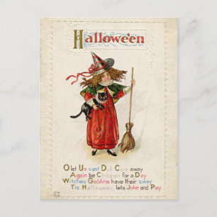 Carte Postale Vintage petite sorcière d'Halloween avec un chat
