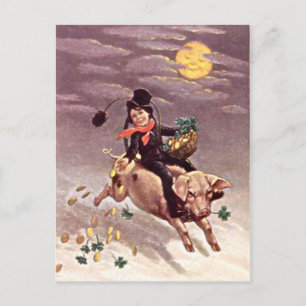Carte Postale Vintage Pig Moon Gold Shamrock St Patrick's Day