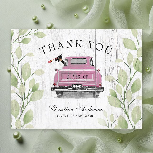 Carte Postale Vintage Pink Truck Rustic Graduation Merci (Retro Vintage Pink Truck with Greenery Rustic Graduation Thank You)