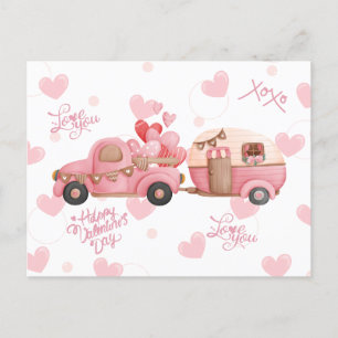 Carte Postale Vintage Pink Valentine's Day Camion et Coeurs