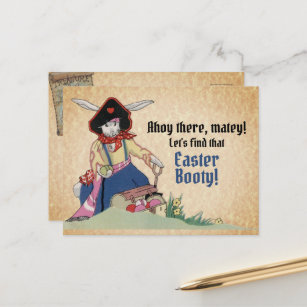 Carte Postale Vintage Pirate de Pâques lapin Lapin coffre au tré