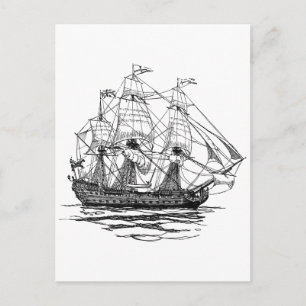 Carte Postale Vintage Pirates Galleon, croquis d'un navire à 74