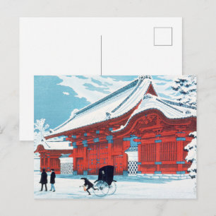 Carte Postale Vintage porte rouge japonaise sous la neige en art