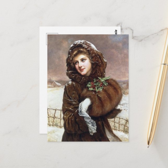 Carte Postale vintage retro femme de Noël (Devant/Arrière en situation)