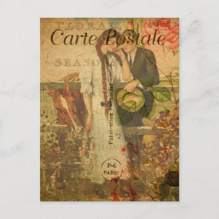 Carte Postale Vintage Romantique Amour Couple Floral Français