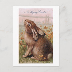 Carte Postale Vintage rustique Brown lapin de Pâques & Fleur sau