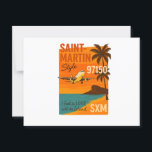 Carte postale vintage Saint-Martin SXM 97150<br><div class="desc">Carte postale rétro illustrée de Saint-Martin (97150 – SXM),  avec avion en approche,  plage turquoise,  palmier et coucher de soleil orange. Style vintage unique inspiré des travel posters classiques. Parfaite comme souvenir des Antilles,  cadeau voyageur ou décoration murale encadrée. Papier haute qualité,  impression nette.</div>