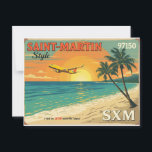 Carte postale vintage Saint-Martin SXM 97150 –<br><div class="desc">Carte postale illustrée “Saint-Martin SXM 97150” dans un style rétro travel poster,  avec avion en approche,  plage turquoise,  palmier et coucher de soleil. Un souvenir unique des Antilles à envoyer,  collectionner ou offrir. Parfaite pour voyageurs,  passionnés d’aviation et amoureux de Saint-Martin. Impression haute qualité,  papier premium.</div>