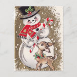Carte Postale Vintage Snowman With Baby Deer<br><div class="desc">Vintage Snowman With Baby Deer</div>