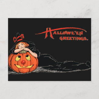 Carte Postale Vintage sorcière d'Halloween et Citrouille