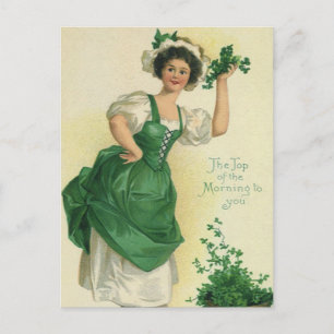 Carte Postale Vintage St. Patrick's Day Irish Lass avec Clovers