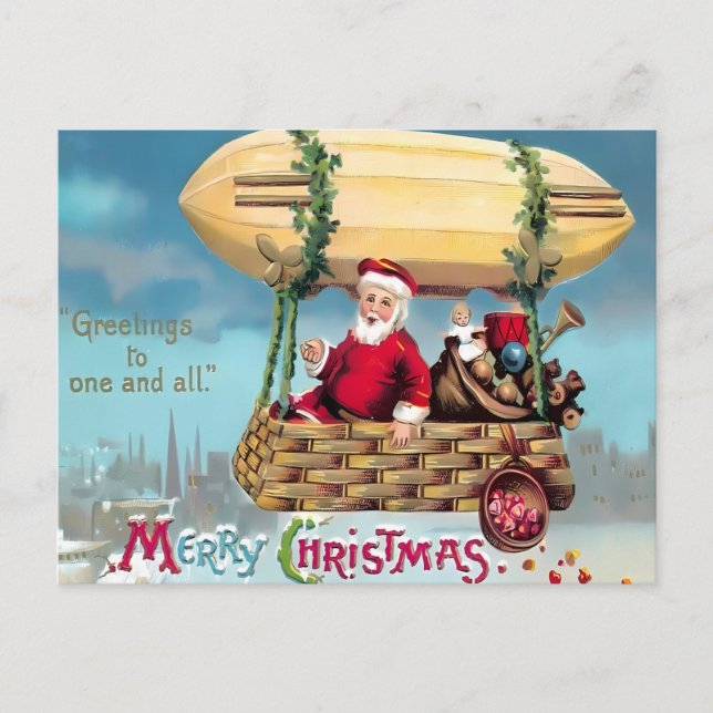 Carte Postale Vintage Steampunk Airship Santa 'Greetings' Merry  (Devant)