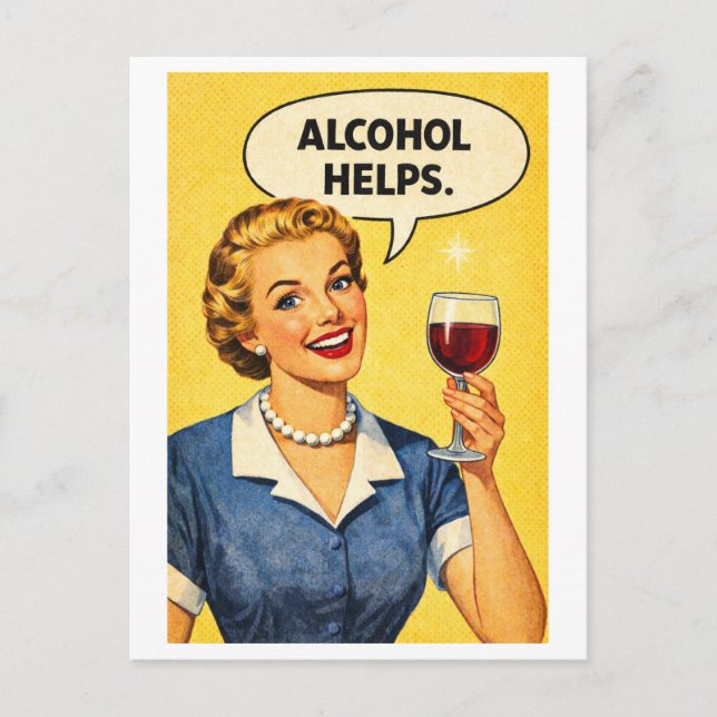 Carte Postale Vintage-Style 1950s "Alcohol Helps" Housewife (Devant)