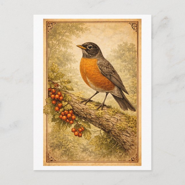Carte Postale Vintage-Style American Robin Illustration (Devant)