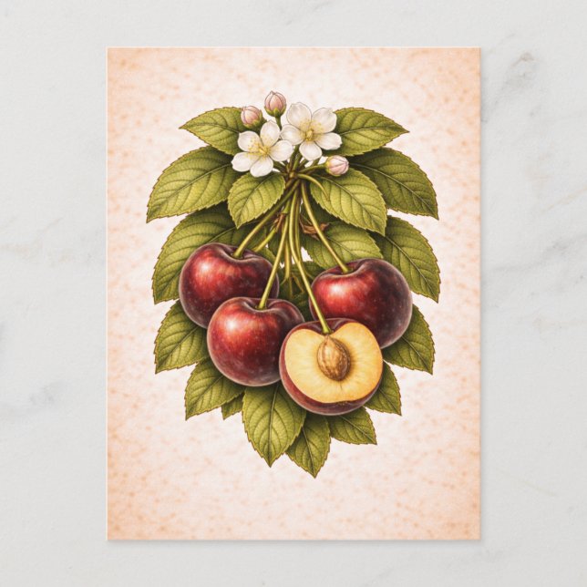 Carte Postale Vintage-Style Cherry Botanical Illustration (Devant)