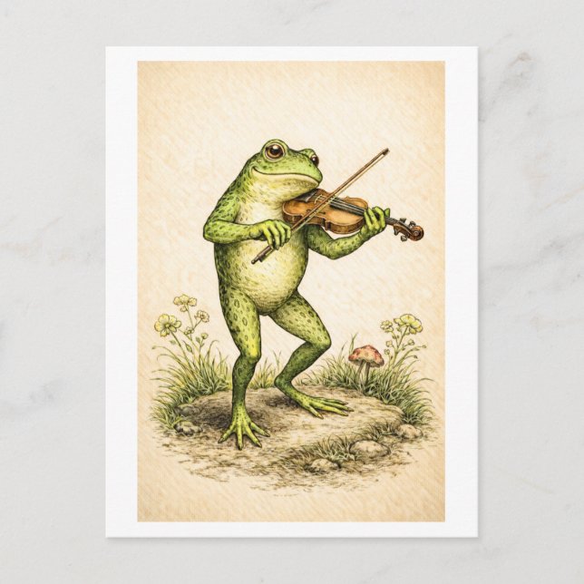 Carte Postale Vintage-Style Frog with Violin Illustration (Devant)