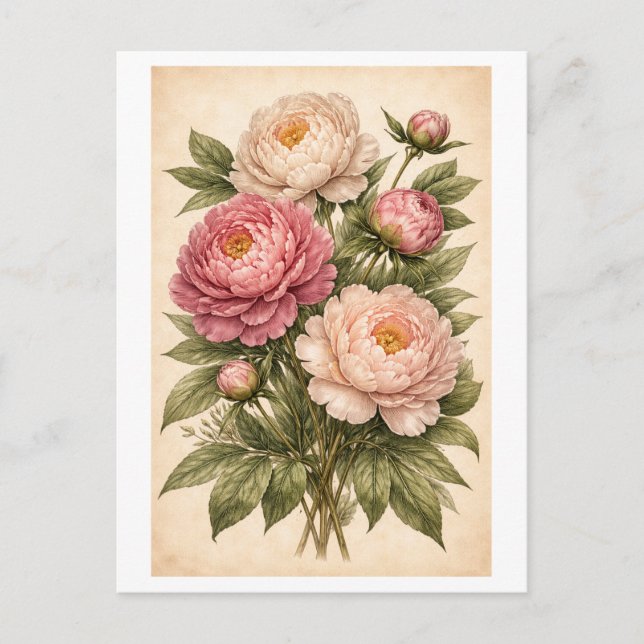 Carte Postale Vintage-Style Peony Botanical Illustration (Devant)