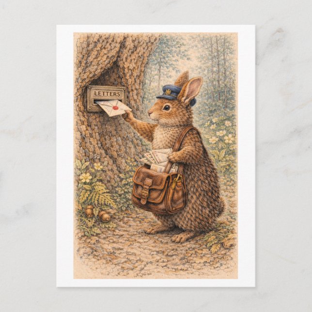 Carte Postale Vintage-Style Rabbit as Mailman Illustration (Devant)