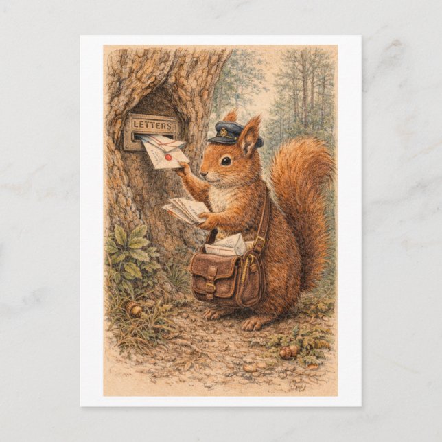 Carte Postale Vintage-Style Squirrel as Mailman Illustration (Devant)