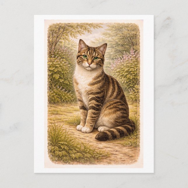 Carte Postale Vintage-Style Tabby Cat Illustration (Devant)