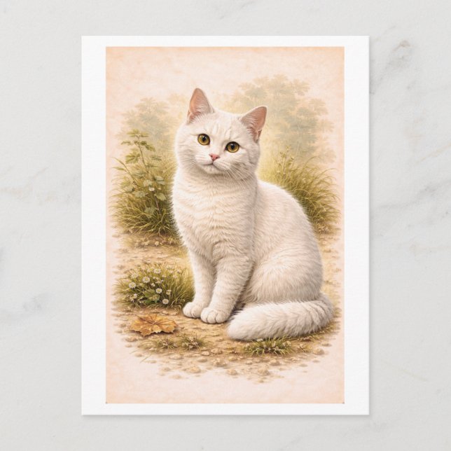 Carte Postale Vintage-Style White Cat Illustration (Devant)