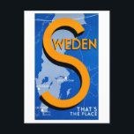 Carte Postale Vintage Suède "C'est l'endroit" Affiche de voyage<br><div class="desc">Cette carte postale est une reproduction d'une affiche de voyage vintage faisant la publicité à la Suède et lisant "C'est l'endroit".</div>