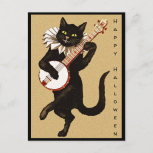 Carte Postale Vintage texte personnalisé Chat noir avec Banjo Ha