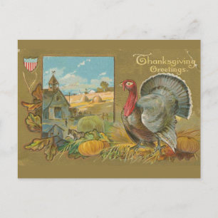 Carte Postale Vintage Thanksgiving salut dinde et ferme