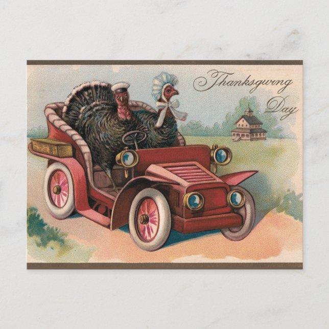 Carte Postale Vintage Thanksgiving Turkeys Riding en voiture (Devant)