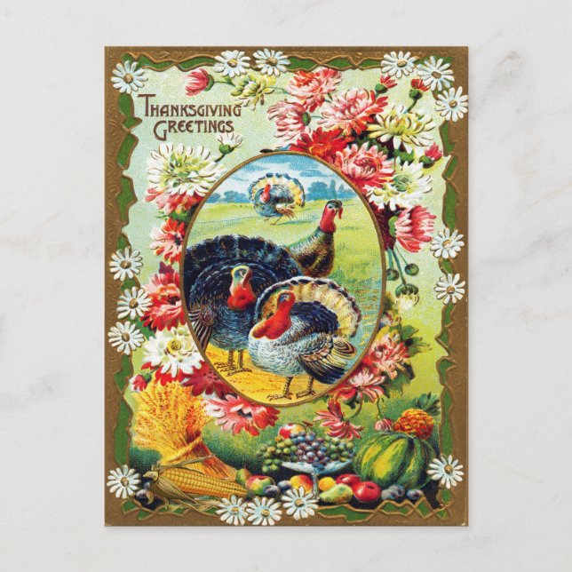 Carte Postale Vintage Thanksgiving Turquie récolte Floral (Devant)