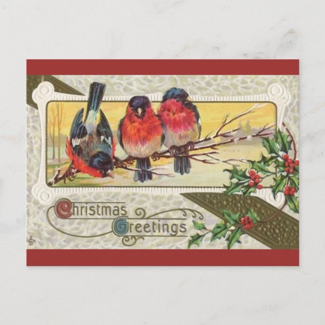Carte Postale Vintage trois oiseaux et Noël Holly (Devant)