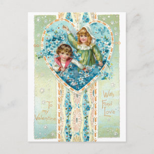 Carte Postale Vintage Valentine Enfants & Bleu Oubliez-Moi-Nots