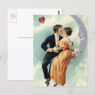 Carte Postale Vintage Victorian Couple Kiss on a Crescent Moon