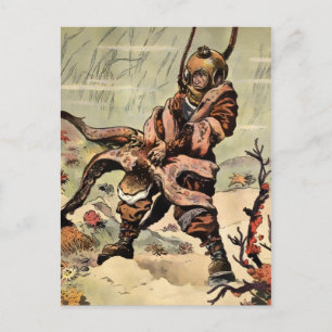Carte Postale Vintage Victorian Octopus Diver Fight