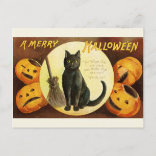 Carte Postale Vintage Victorien Halloween Chat noir et Citrouill