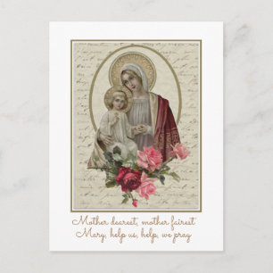 Carte Postale Vintage Vierge Marie avec Jésus Roses Rouges